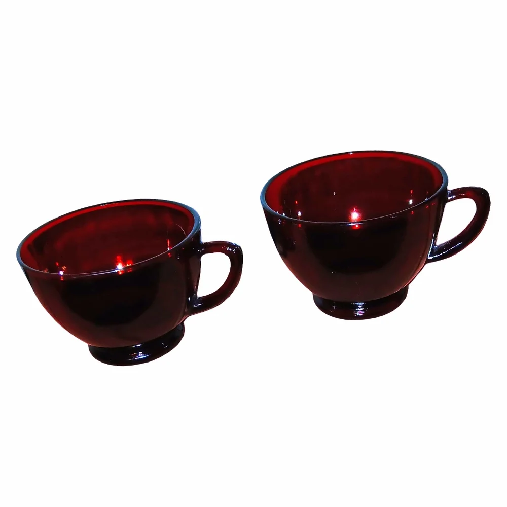 Set of 2 Royal Ruby Red Vintage Cafecore Glass Punch Tea Cafe Cups Coffee Anchor